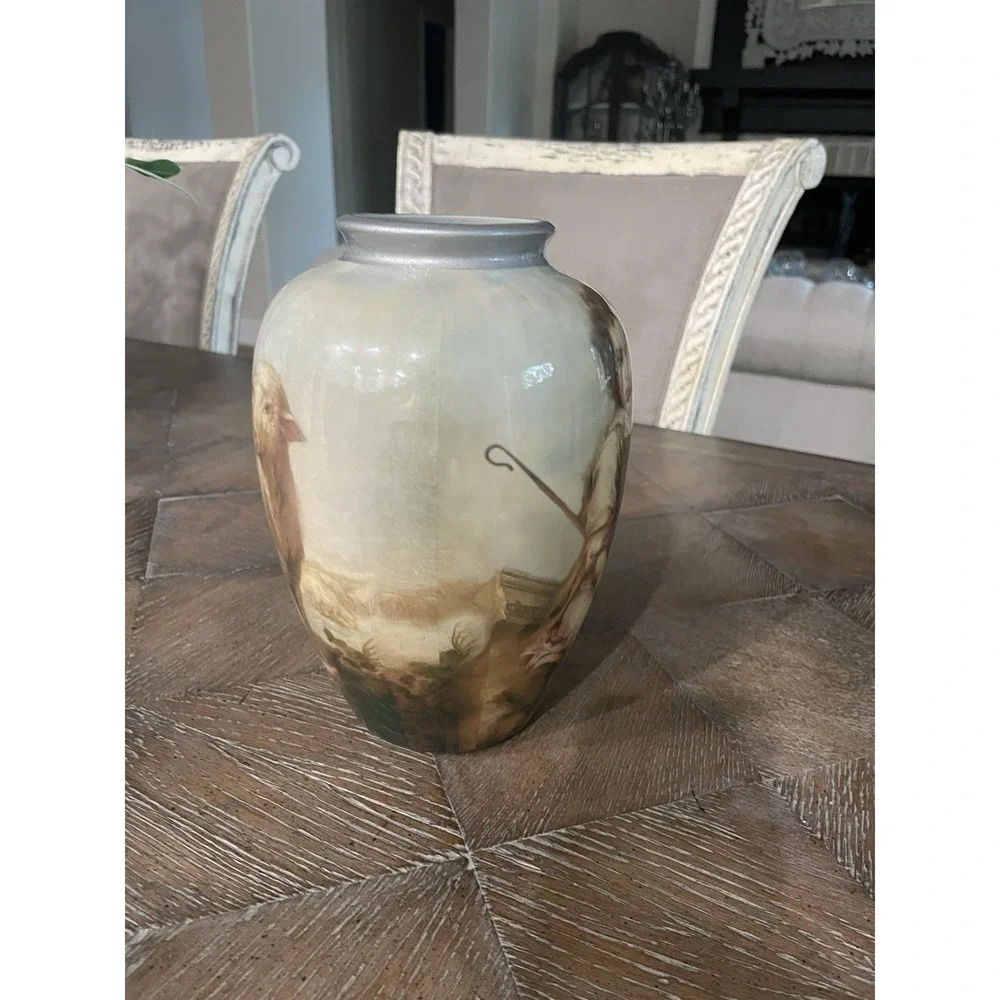 Vintage Decopauge French Style Shepherd Boy & Sheep Urn Vase 8.5